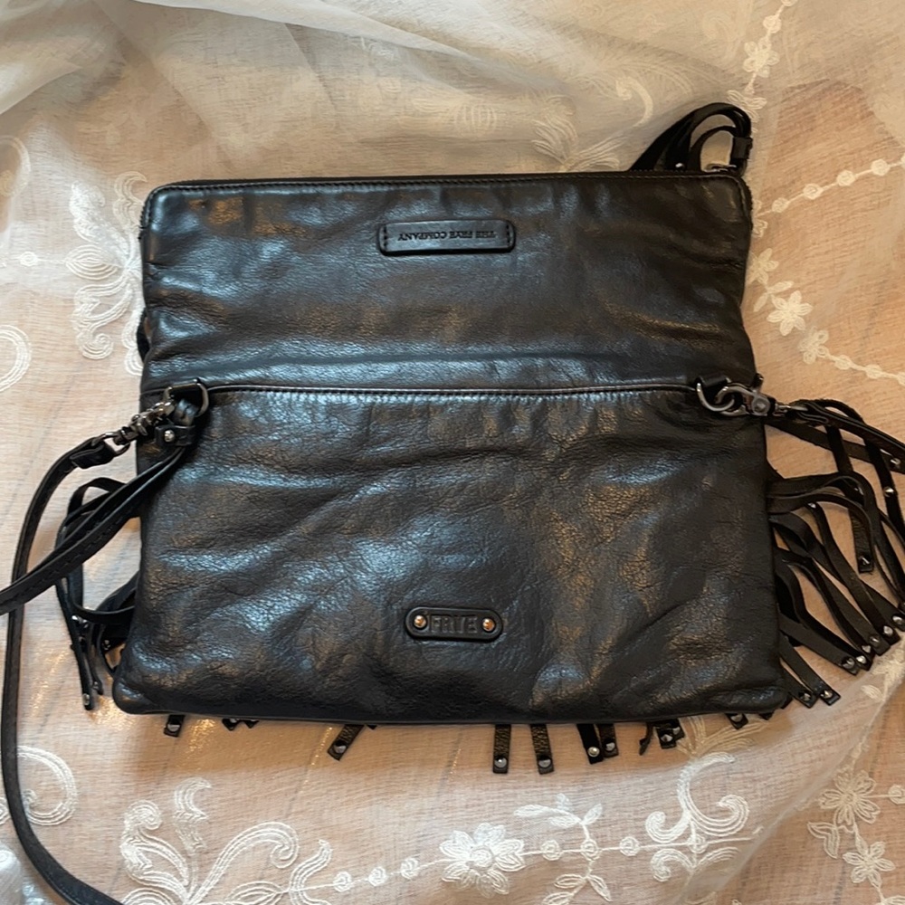 Black leather fold over Frye fringe crossbody